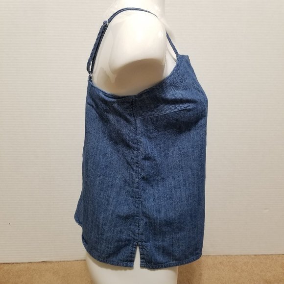 Old Navy top Small sleeveless button front chambray tank side split 100% cotton - Picture 4 of 11